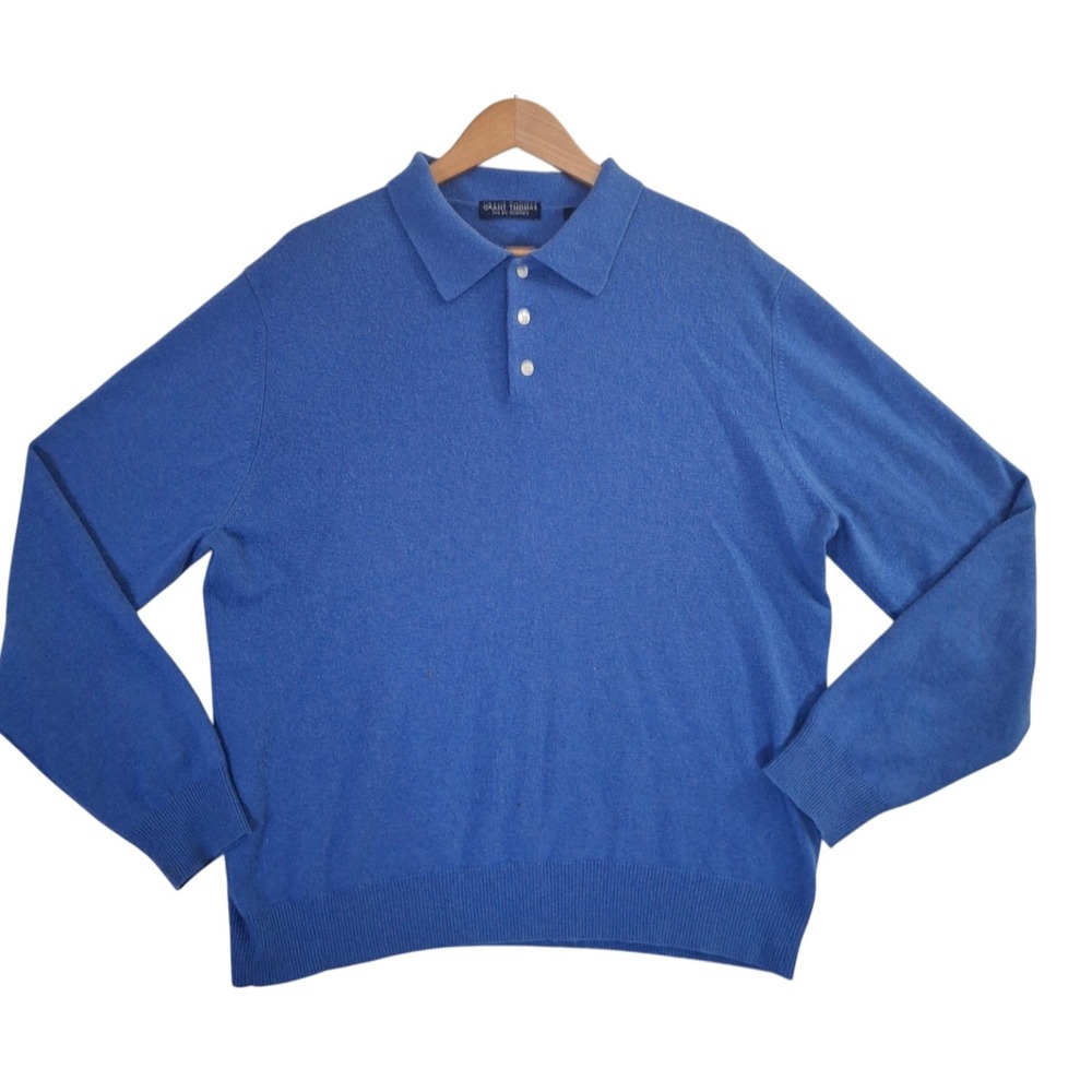 Grant Thomas Long Sleeve Polo Sweater Men's Large Blue 100% Cashmere Two Ply L